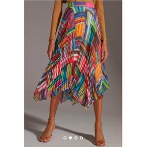 Anthropologie RANNA GILL Pleated Printed Midi Skirt Pull-On Preppy Office Size L